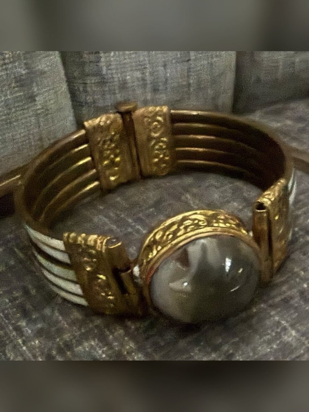 Vintage Brass Hinged Bangle with Agate Cabochon